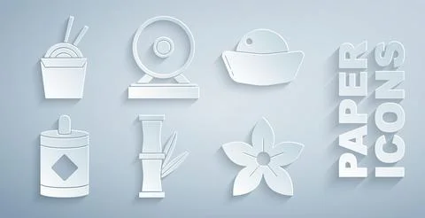 Set Bamboo, Sushi, Firework, Lotus flower, Gong and Asian noodles in paper .. Stock Illustration