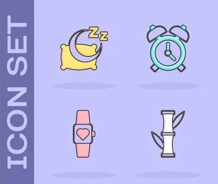 Set Bamboo, Time to sleep, Smart watch and Alarm clock icon. Vector Stock Illustration