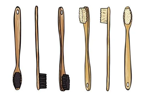 Set of bamboo toothbrushes isolated on white background. Color doodle style. Stock Illustration