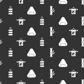 Set Bamboo, Yin Yang, Firework and Sushi on seamless pattern. Vector Stock Illustration
