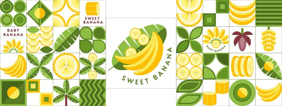 Set of banana design elements in geometric style 스톡 일러스트
