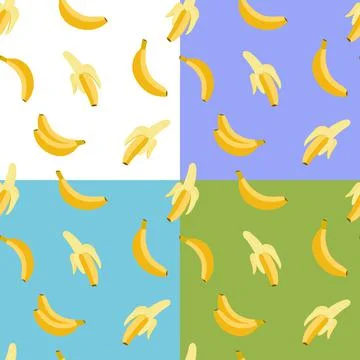 Set of banana seamless patterns. Peeled banana. Flat, vector Stock Illustration