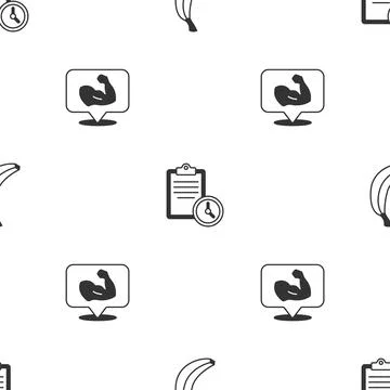 Set Banana, Sport training program and Bodybuilder muscle on seamless pattern Stockillustratie