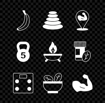Set Banana, Stack hot stones, Bodybuilder muscle, Bathroom scales, Salad in.. Stock Illustration