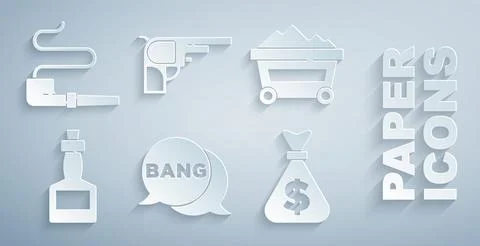 Set Bang boom, gun Comic, Coal mine trolley, Tabasco sauce, Money bag, Revo.. Stock Illustration