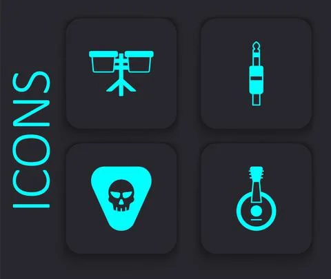 Set Banjo, Bongo drum, Audio jack and Guitar pick icon. Black square button Illustrazione stock