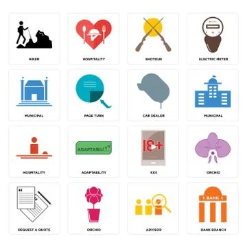 Set of bank branch, advisor, request a quote, xxx, hospitality, car dealer, m Free Stock Illustration