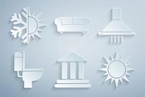 Set Bank building, Kitchen extractor fan, Toilet bowl, Sun, Sofa and and Ilustración de archivo