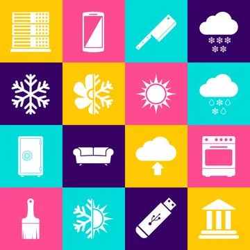 Set Bank building, Oven, Cloud with snow and rain, Meat chopper, Air condit.. Ilustración de archivo