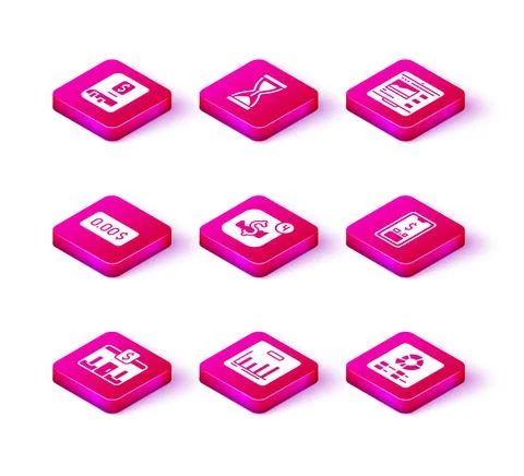 Set Bank building, Pie chart infographic, Zero cost, Mobile stock trading, with Ilustración de archivo
