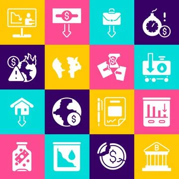 Set Bank building, Pie chart infographic, Drop crude oil price, Briefcase Ilustración de archivo