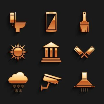 Set Bank building, Security camera, Kitchen extractor fan, Crossed meat chopper Ilustración de archivo