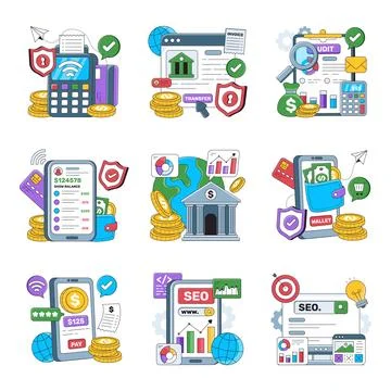 Set of Banking and Seo Flat Illustrations Stock Illustration