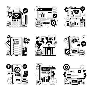 Set of Banking and Seo Solid Illustrations Stock Illustration