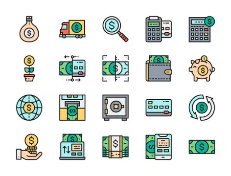 Set of Banking Flat Color Line Icons. Credit Card, Dollar, Payments and more. Stock Illustration