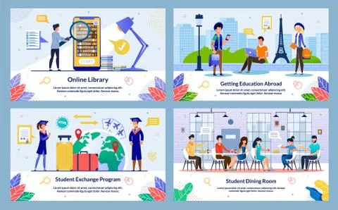 Set Banner, Student Exchange Program, Cartoon. Online Library, Student Exchan Stock Illustration