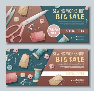 Set of banner templates for sewing workshop. Discount coupon with sewing it.. Stock Illustration