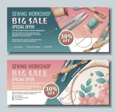 Set of banner templates for sewing workshop. Discount coupon with hoops and t Stock Illustration