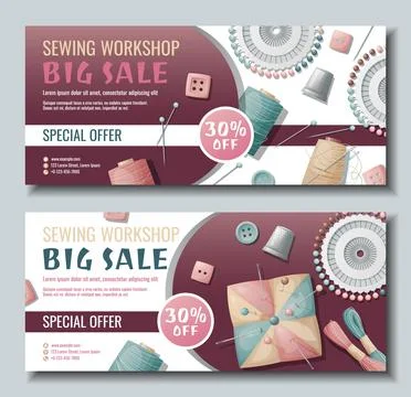 Set of banner templates for sewing workshop. Discount coupon with sewing item Stock Illustration