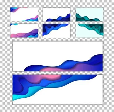Set Banners. Background with blue abstract multilayered wavy pattern. Paper art Stock Illustration