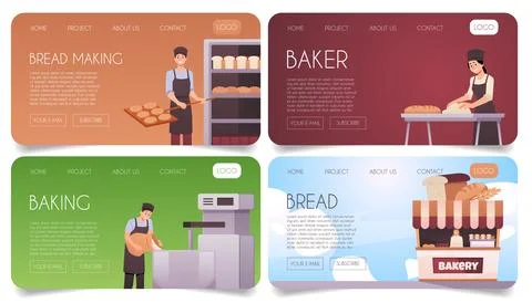 Set of banners for a bakery website with bakers, equipment, cooking process Stock Illustration