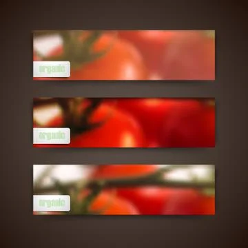 Set of banners with blurred background of bunch of tomatoes, vector design Stock Illustration