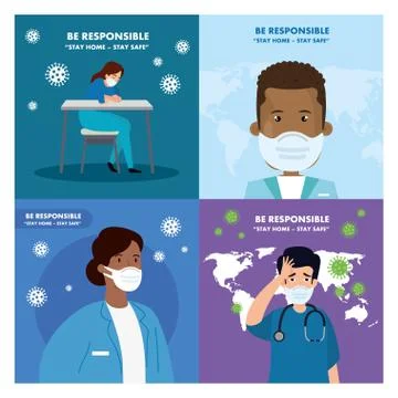 Set banners of campaigns of be responsible stay at home Stock Illustration