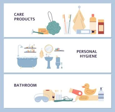 Set of banners with cartoon elements for bathroom a vector illustration Stock Illustration