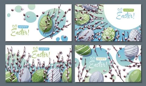 Set of Banners with Colorful Easter Eggs and Fluffy Willow Branches for Happy Stock Illustration