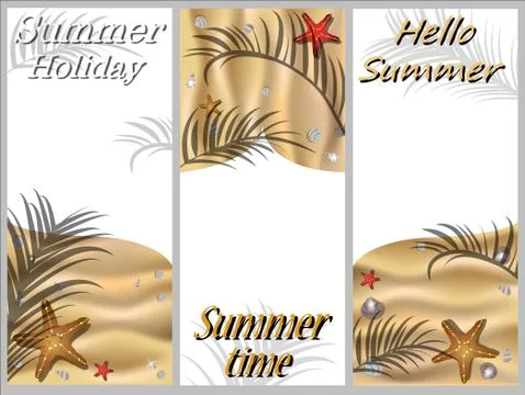 Set of banners with elements of a sandy beach with seashells and Stock Illustration