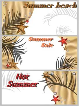 Set of banners with elements of a sandy beach with seashells and Stock Illustration
