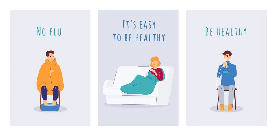 Set of banners for explanation of flu and cold prevention and treatment methods Stock Illustration