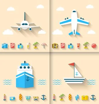 Set Banners with Flat Icons of Planning Summer Vacation, Minimal Stock Illustration