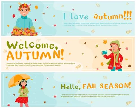 A set of banners. A group of children walking outside in autumn. Illustrazione stock