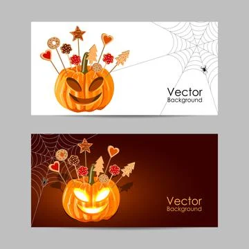 Set of banners. Halloween pumpkin with biscuits Stock Illustration