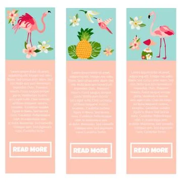 Set of banners with Hawaiian elements and flamingos Stock Illustration