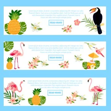 Set of banners with Hawaiian elements and flamingos Stock Illustration