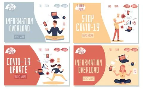 Set of banners on information overload and Covid-19, flat vector illustration. Stock Illustration