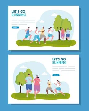 Set of, banners lets go running, group people running outdoor Illustrazione stock
