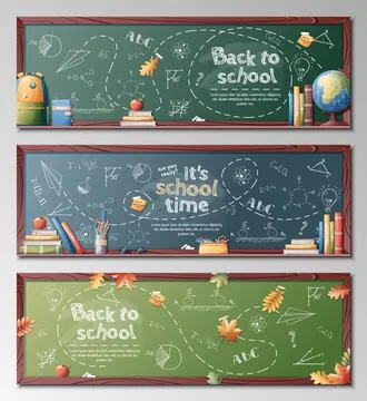 Set of banners with school board and school supplies. Background back to scho Stock Illustration