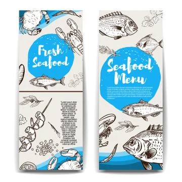 Set of  banners templates with hand drawn fish and sea animals. Seafood. Desi Stock Illustration