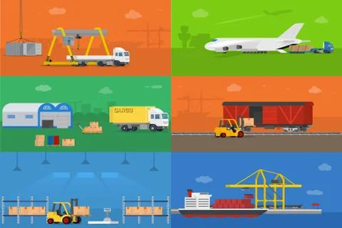 Set of banners on the theme logistics warehouse freight cargo transportation. イラスト素材