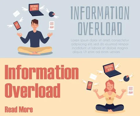 Set of banners on the topic of information overload, flat vector illustration. Stock Illustration