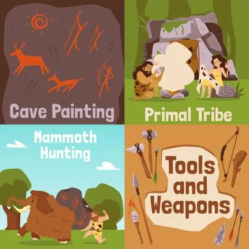 Set banners on topic of prehistoric cave people life, flat vector illustration. イラスト素材