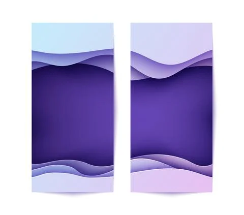 Set of banners with wave in paper cut style. Two 3d abstract flyers purple Stock Illustration