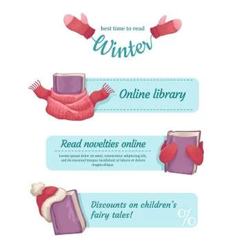 Set of banners for a website of library, bookstore. Logo winter bookstore Stock Illustration