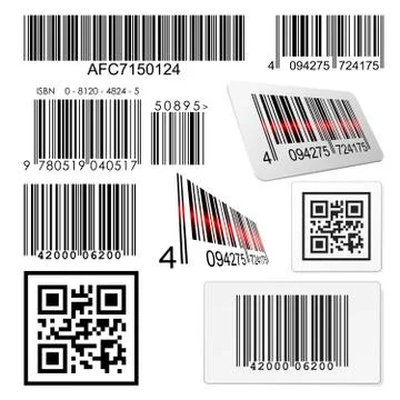 Set of bar codes and qr codes with labels Stock Illustration