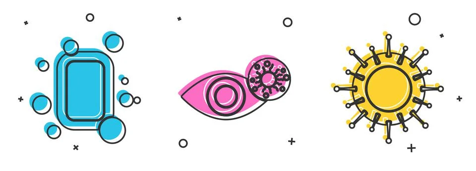Set Bar of soap, Reddish eye due to virus and Virus icon. Vector Stock Illustration