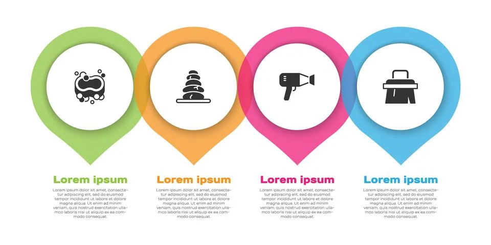 Set Bar of soap, Stack hot stones, Hair dryer and Sauna brush. Business inf.. Illustrazione stock