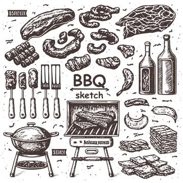 Set of barbecue elements drawn in vector 스톡 일러스트